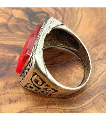 Anello Unisex Acciaio Inossidabile - Pietra Rossa - Stile Gotico Medievale - Modello Ashra Ahmar