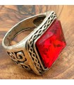Anello Unisex Acciaio Inossidabile - Pietra Rossa - Stile Gotico Medievale - Modello Ashra Ahmar
