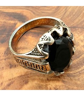 Unisex-Ring aus Edelstahllegierung – schwarzer Stein – mittelalterlicher gotischer Stil – Zamania Ashra Aswad-Modell