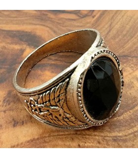 Anel unissex de liga de aço inoxidável - pedra preta - estilo gótico medieval - modelo Arbaa Ashrin Ahmar