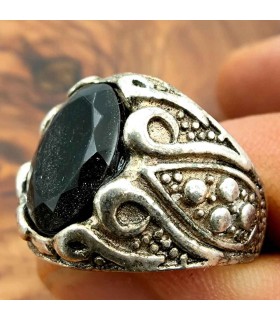 Bague unisexe en alliage d'acier inoxydable - Pierre noire - Style gothique médiéval - Modèle Khamsa Ashrin Ahmar
