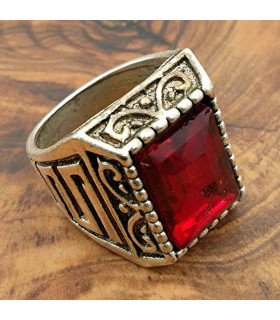 Unisex-Ring aus Edelstahllegierung – roter Stein – mittelalterlicher gotischer Stil – Modell Tisaa Ashrin Ahmar