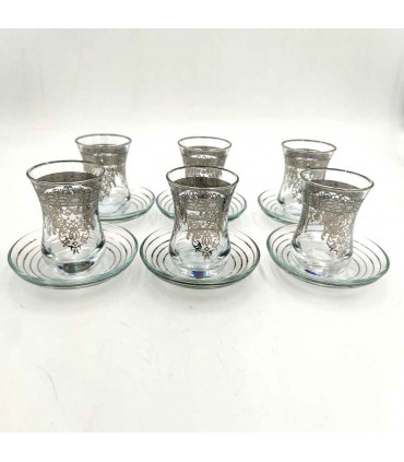 Set Jeu 6 Verres à Thé Turcs avec Soucoupes - Artisanat Turc - Décoration Arabe - Modèle Fiddati
