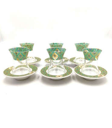 Set Jeu 6 Verres à Thé Turcs avec Soucoupes - Artisanat Turc - Décoration Arabe - Modèle Alkhazaf