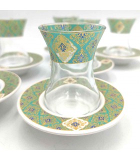 Set Jeu 6 Verres à Thé Turcs avec Soucoupes - Artisanat Turc - Décoration Arabe - Modèle Alkhazaf