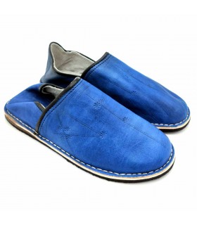 Adult Unisex Leather Arab Slippers - Blue - Moroccan Handicraft - Kadim Model