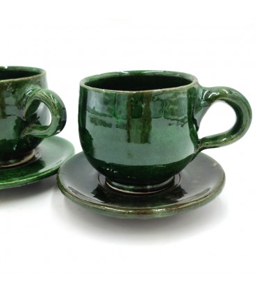 Taza Ancha café o té + Platito Cerámica Verde Tamegroute Artesania Vintage