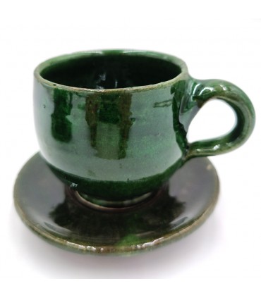 Taza Ancha café o té + Platito Cerámica Verde Tamegroute Artesania Vintage