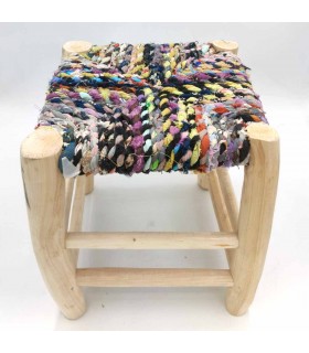 Moroccan Stool Lemon Wood Scraps of Woven Fabric Tadwir Model