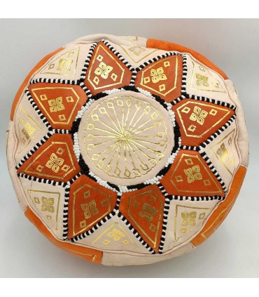 Arabian Puff 100% Leather - Orange Color Moroccan Crafts - Laun Burtukal Model
