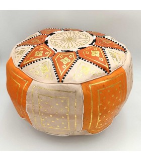 Puff Árabe Cuero 100% - Color Naranja Artesanía Marroquí - Modelo Laun Burtukal