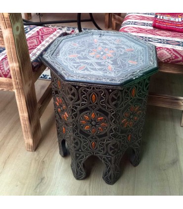 Mesita Auxiliar Marroquí Madera Hueso y Alpaca Repujada Modelo Merzouga