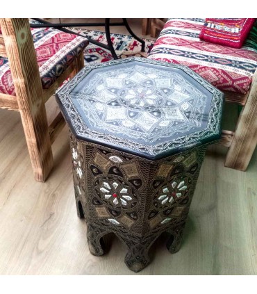 Moroccan Auxiliary Table Bone Wood and Embossed Alpaca Merzouga Model