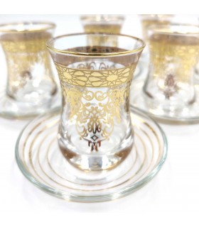 Set Jeu 6 Verres à Thé Turcs avec Soucoupes - Artisanat Turc - Décoration Arabe - Modèle Fiddati