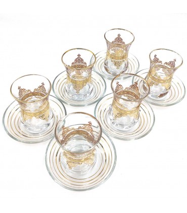 Set Jeu 6 Verres à Thé Turcs avec Soucoupes - Artisanat Turc - Décoration Arabe - Modèle Fiddati