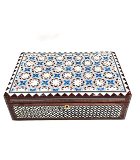 Joyero Rectángular de Taracea Blanca Egipto con Detalles Azules