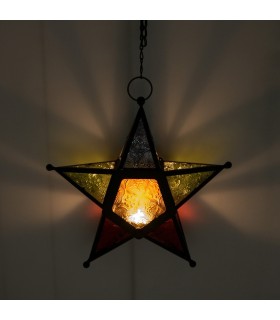 Farol Vela Estrella Multicolor -  Calado Arabe-  Cadena 35 cm