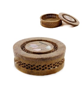 Hollow Round Onyx Box - Multicolor Flower Design - NEW