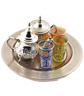Juego de Té Arabe- Tetera - Bandeja 30 cm - 3 Vasos - Azucarero