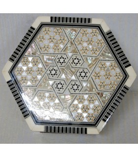 Caja de Taracea con Nacar Hexagonal Forrado Terciopelo