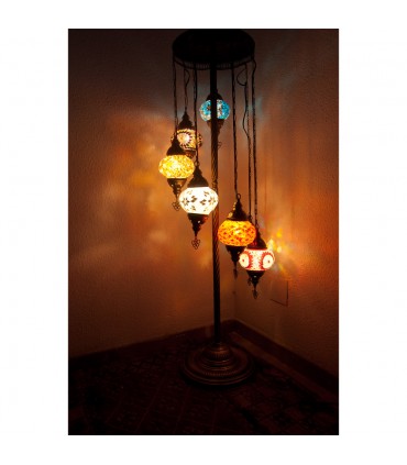 Lampe turque à 7 boules - Sol - Hauteur 110 cm - Verre de Murano - Mosaïque